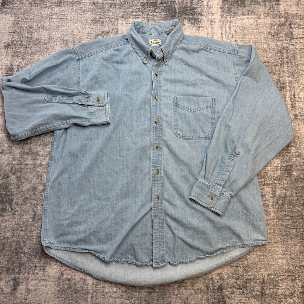VTG 90s LL Bean Denim Shirt Mens XL Light Wash Blue Jean Button Down Chore Work